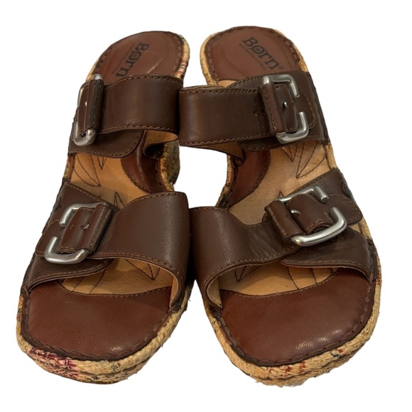 Born Floral Wedge Slide Sandals in Brown Leather Size 8 (39) - Picture 2 of 9